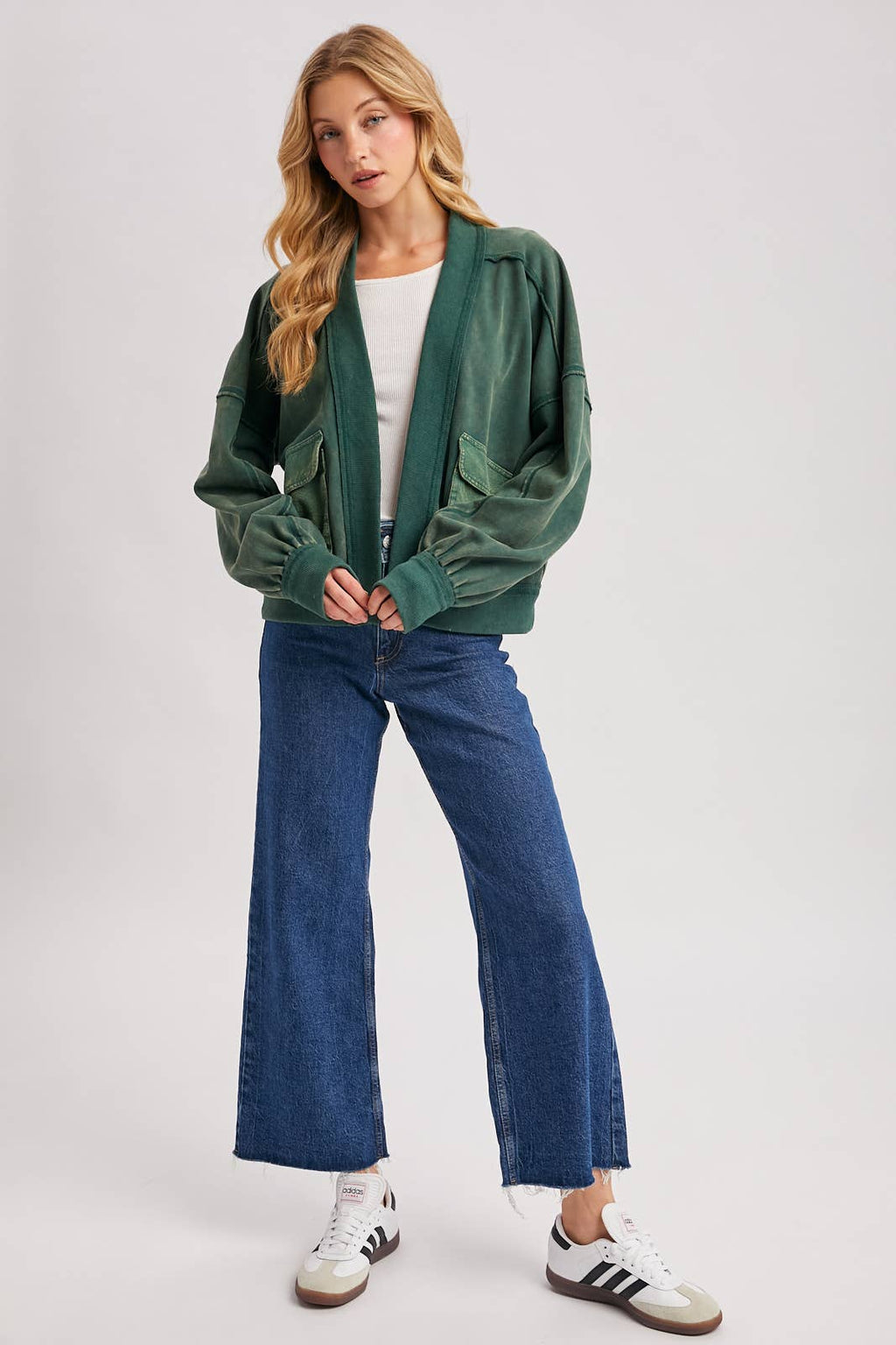 WASHED COLLARLESS OPEN FRONT CARDIGAN - ST. PATRICK'S DAY