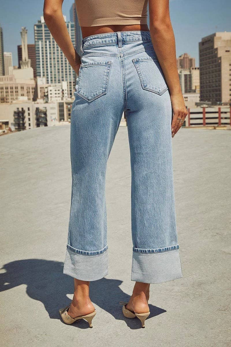 ROLLED HEM HIGH WAIST STRAIGHT LEG JEANS