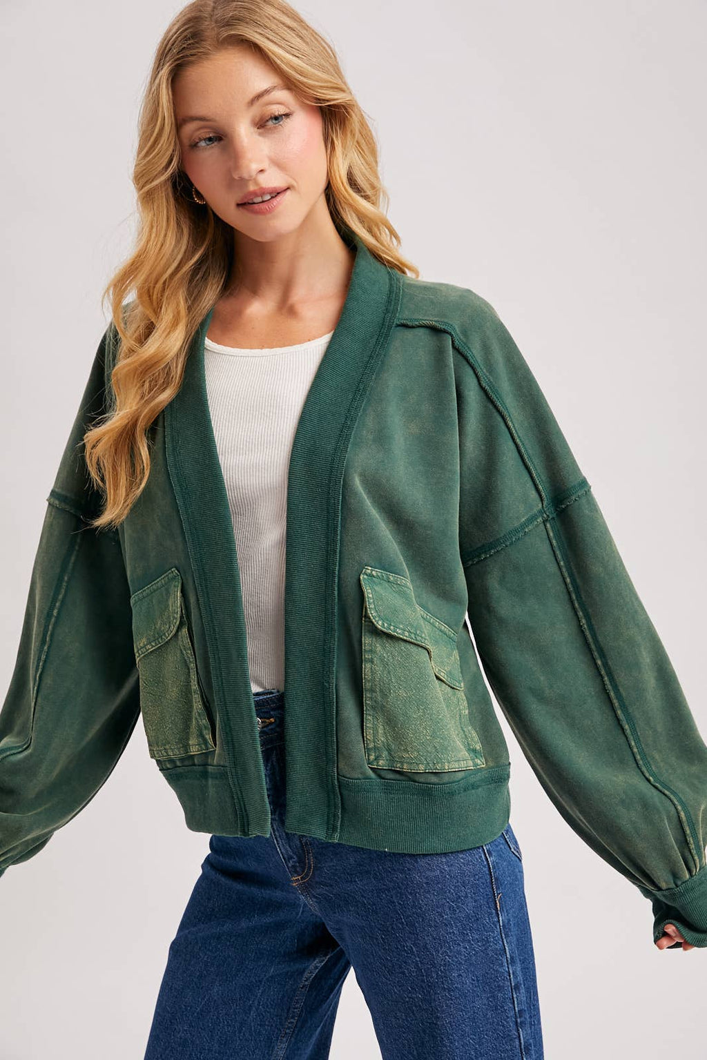 WASHED COLLARLESS OPEN FRONT CARDIGAN - ST. PATRICK'S DAY