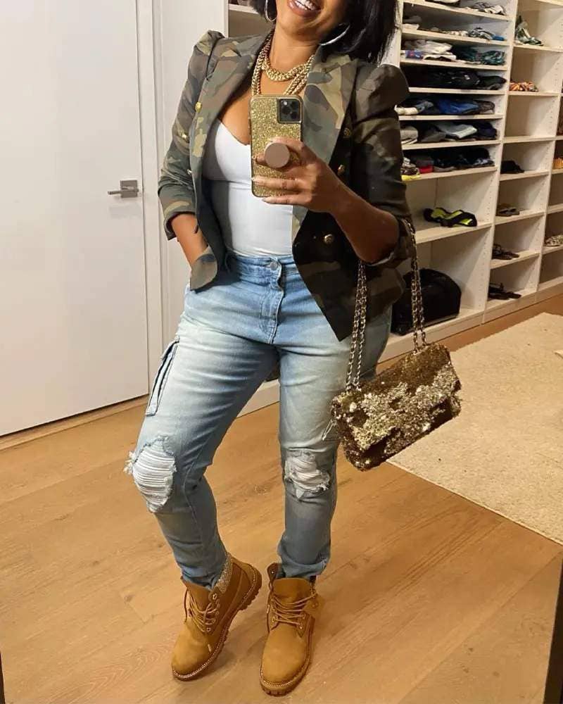 Camo Print Puff Sleeve Blazer Jacket for Women