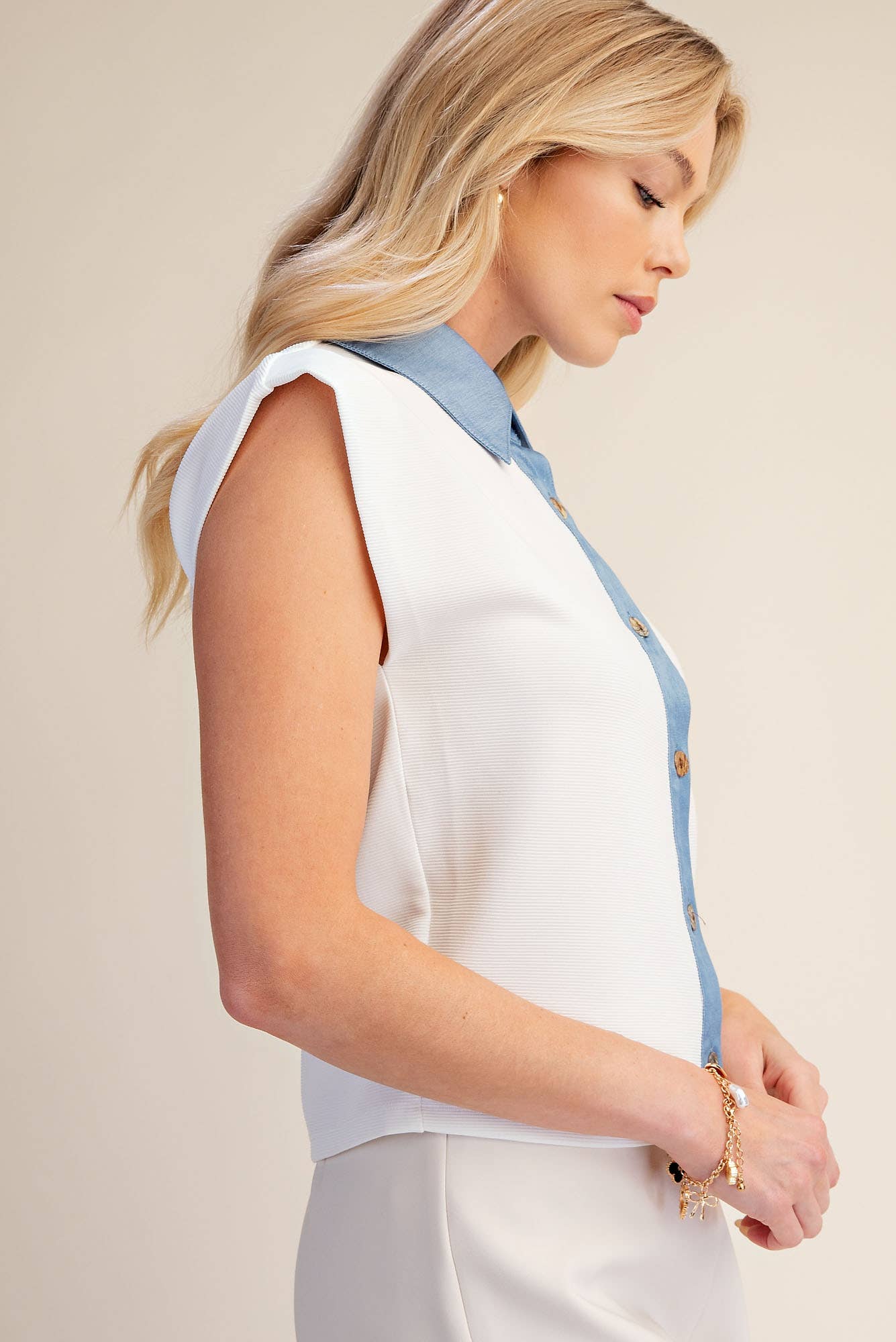 Muscle Vest Top With Collared Denim Placket