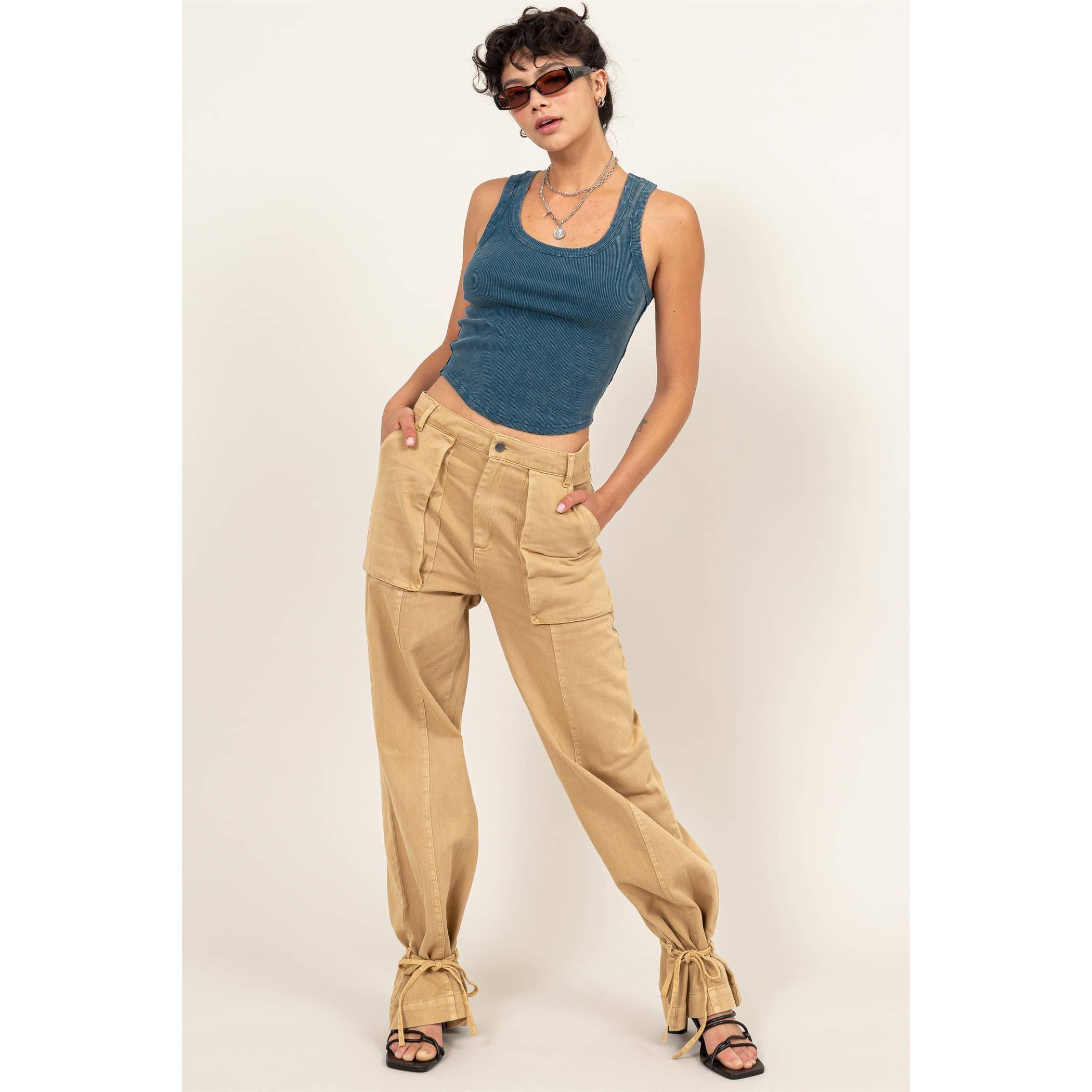 High Rise Cargo Pants With Ankle Ties