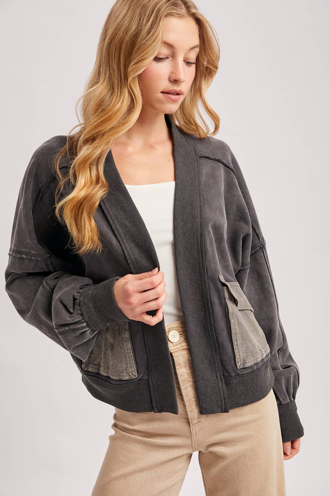 WASHED COLLARLESS OPEN FRONT CARDIGAN - ST. PATRICK'S DAY