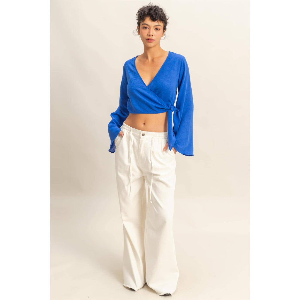Crinkle Woven Wrap Style Cropped Blouse