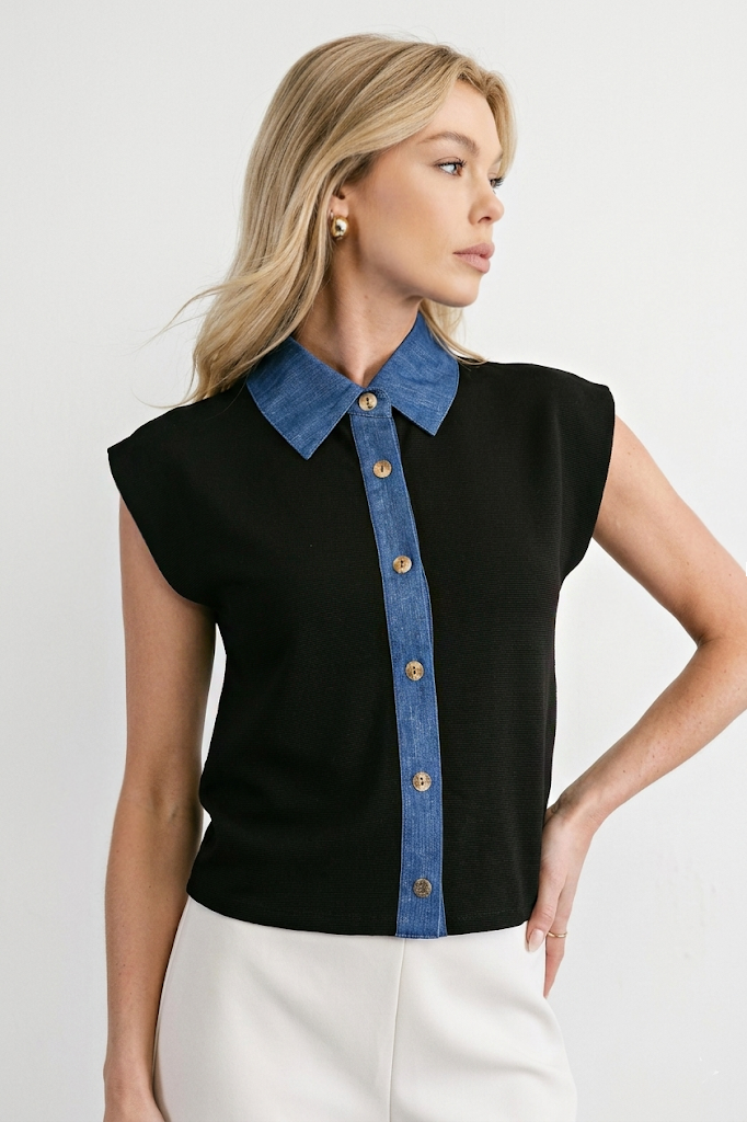 Muscle Vest Top With Collared Denim Placket