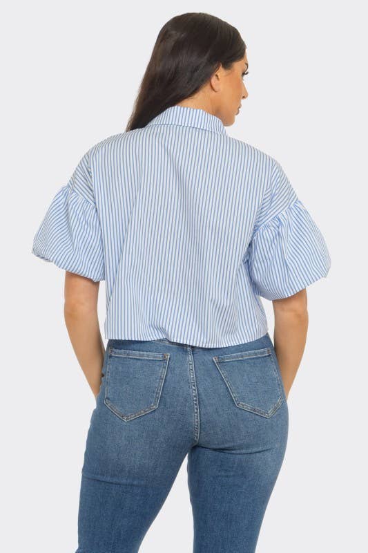 Stripe Front Button Down Bubble Sleeve Shirts Crop Top