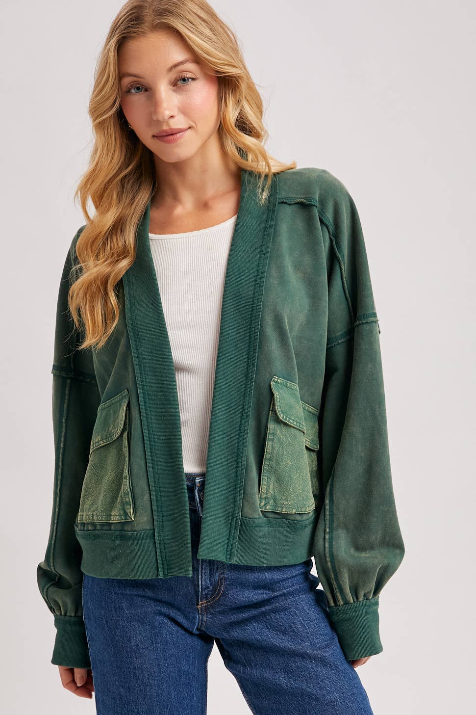 WASHED COLLARLESS OPEN FRONT CARDIGAN - ST. PATRICK'S DAY