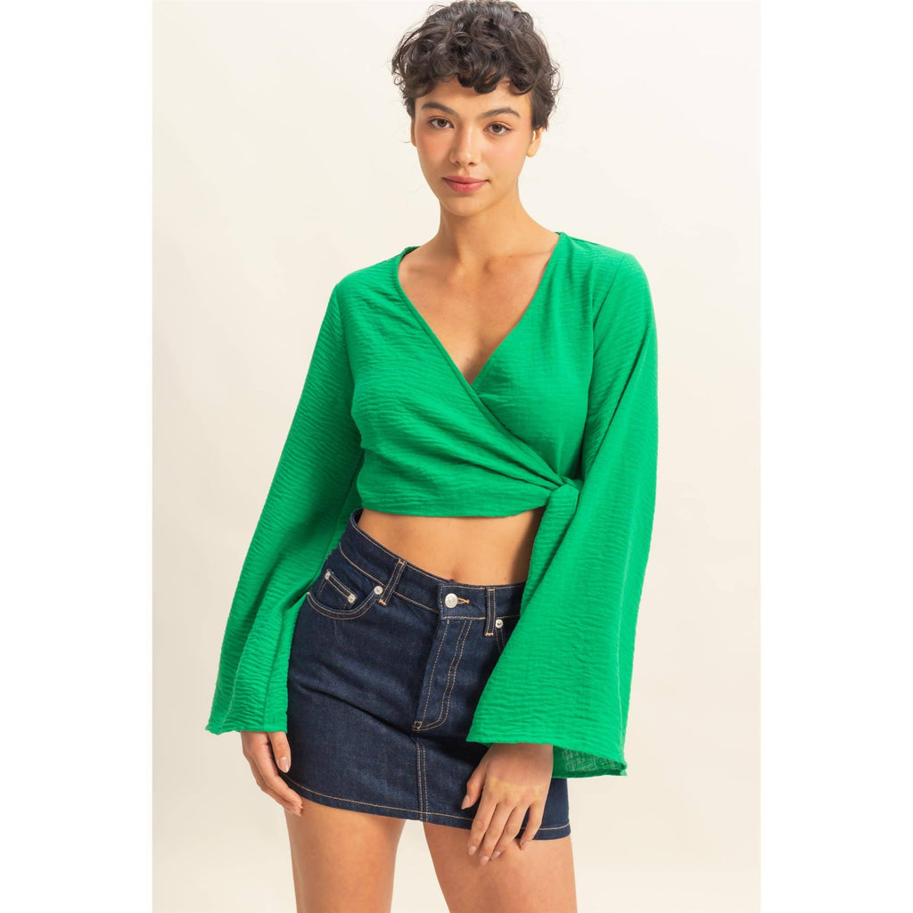 Crinkle Woven Wrap Style Cropped Blouse