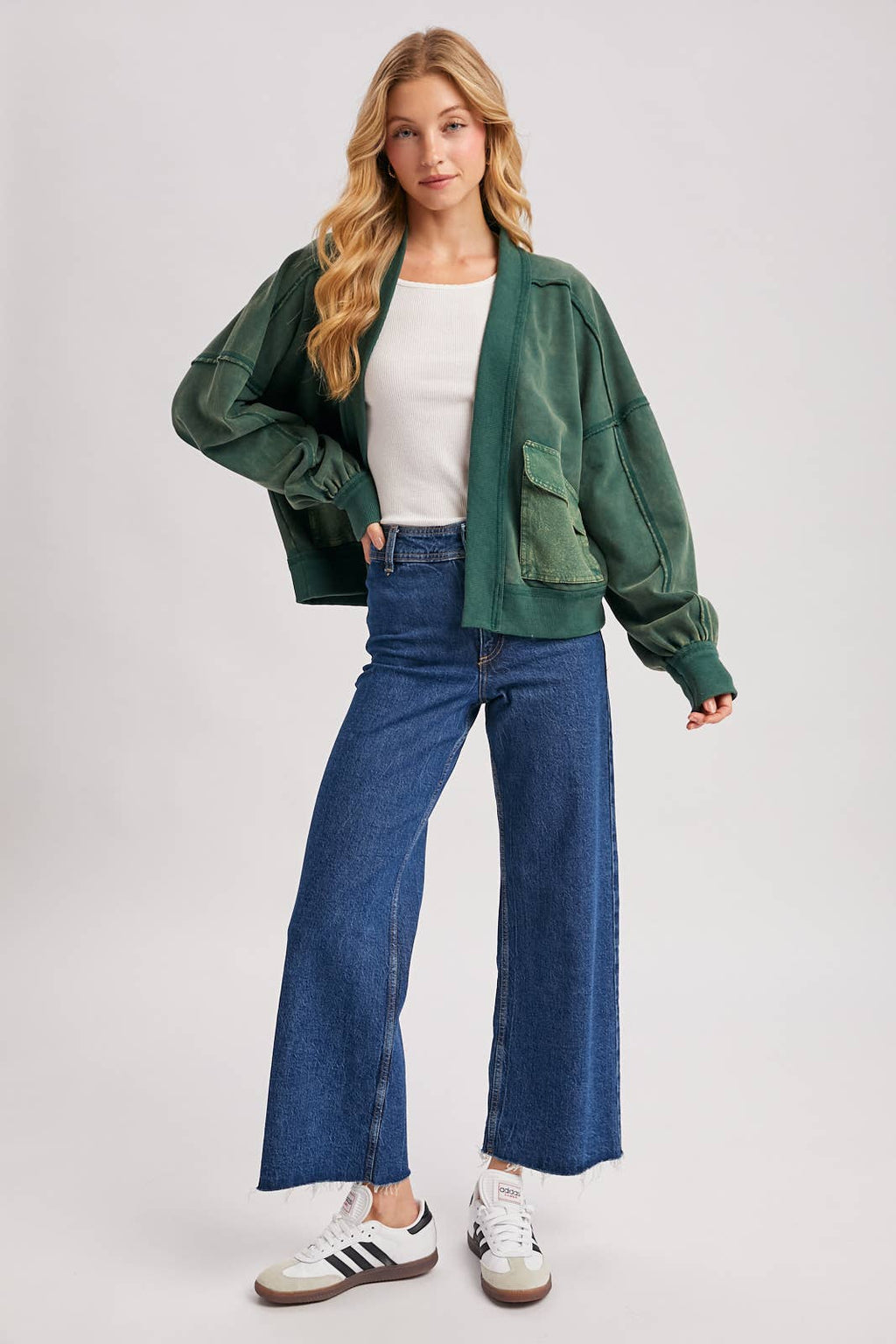 WASHED COLLARLESS OPEN FRONT CARDIGAN - ST. PATRICK'S DAY