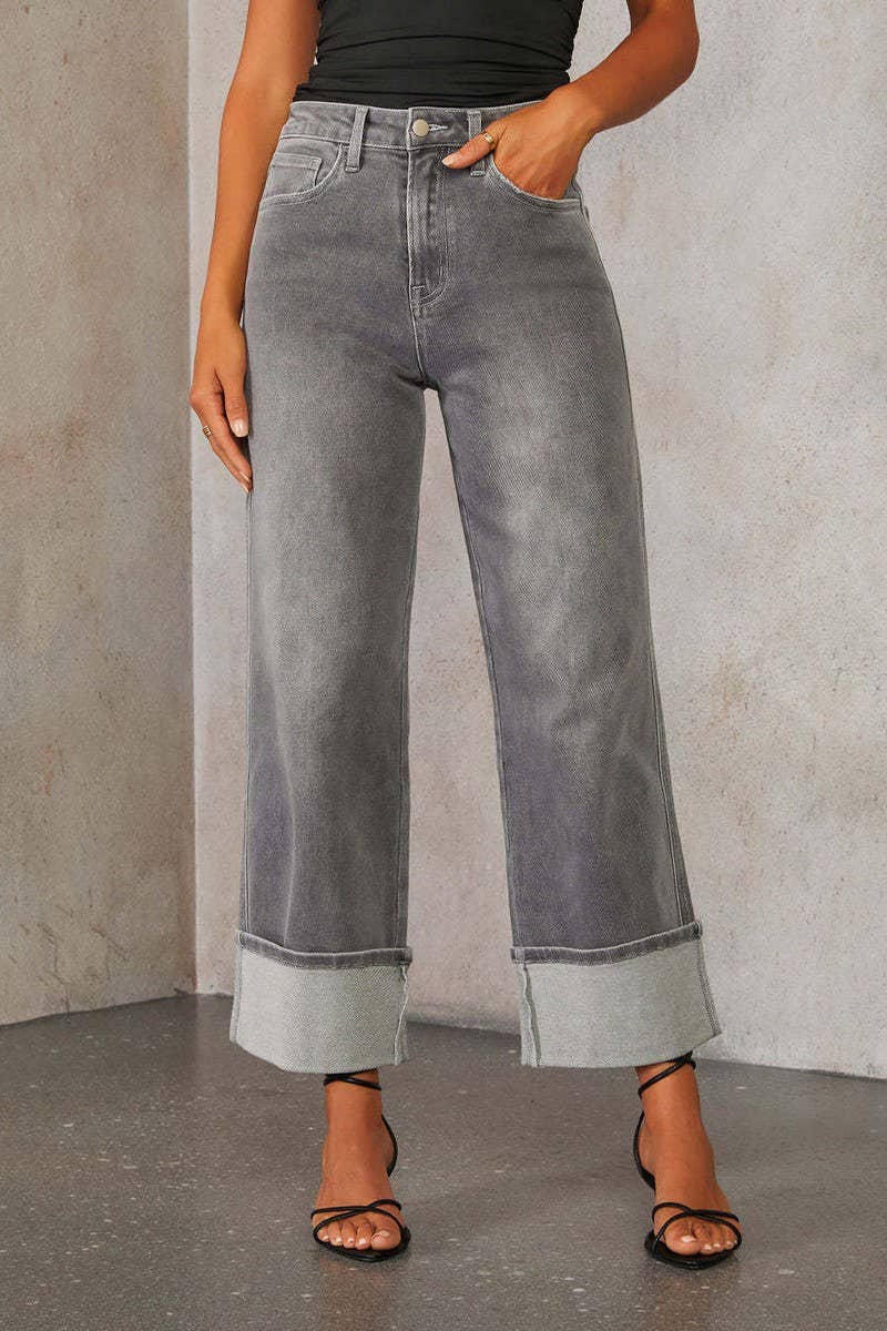 ROLLED HEM HIGH WAIST STRAIGHT LEG JEANS